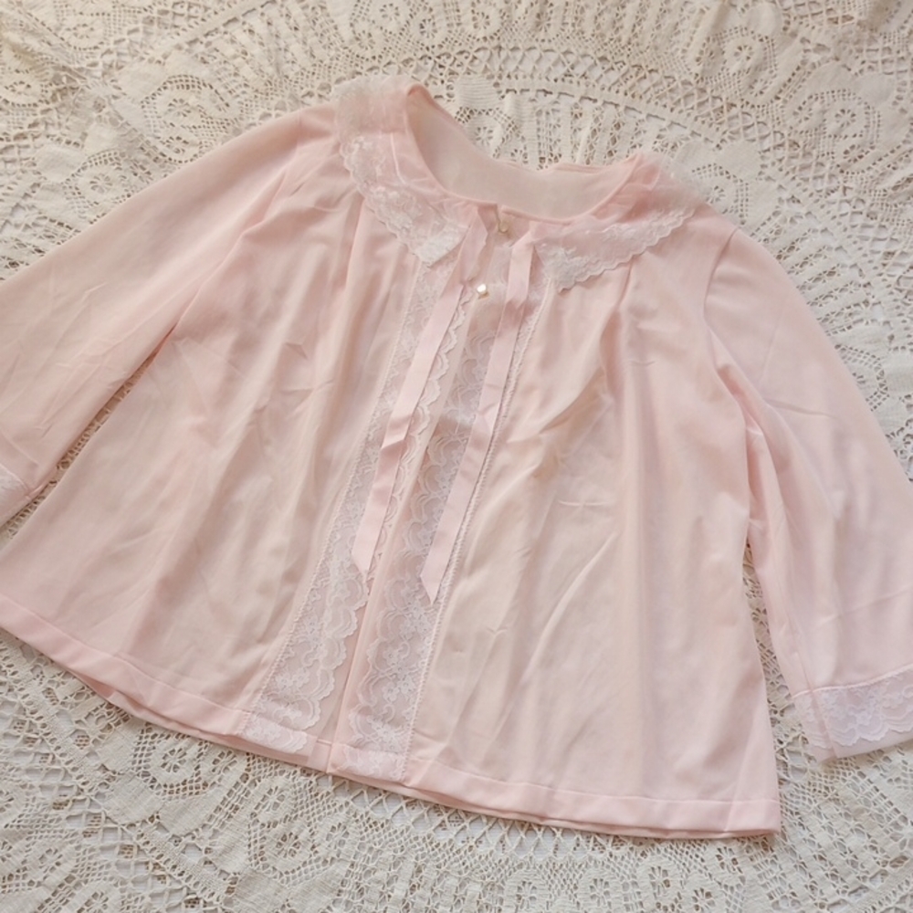 Sheer Pink & Lace Trim Bed Jacket, Small